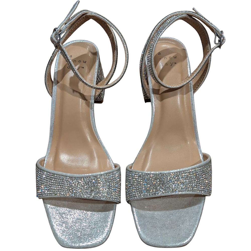 Silver Block Sparkle Low Heels Sandals 7.5